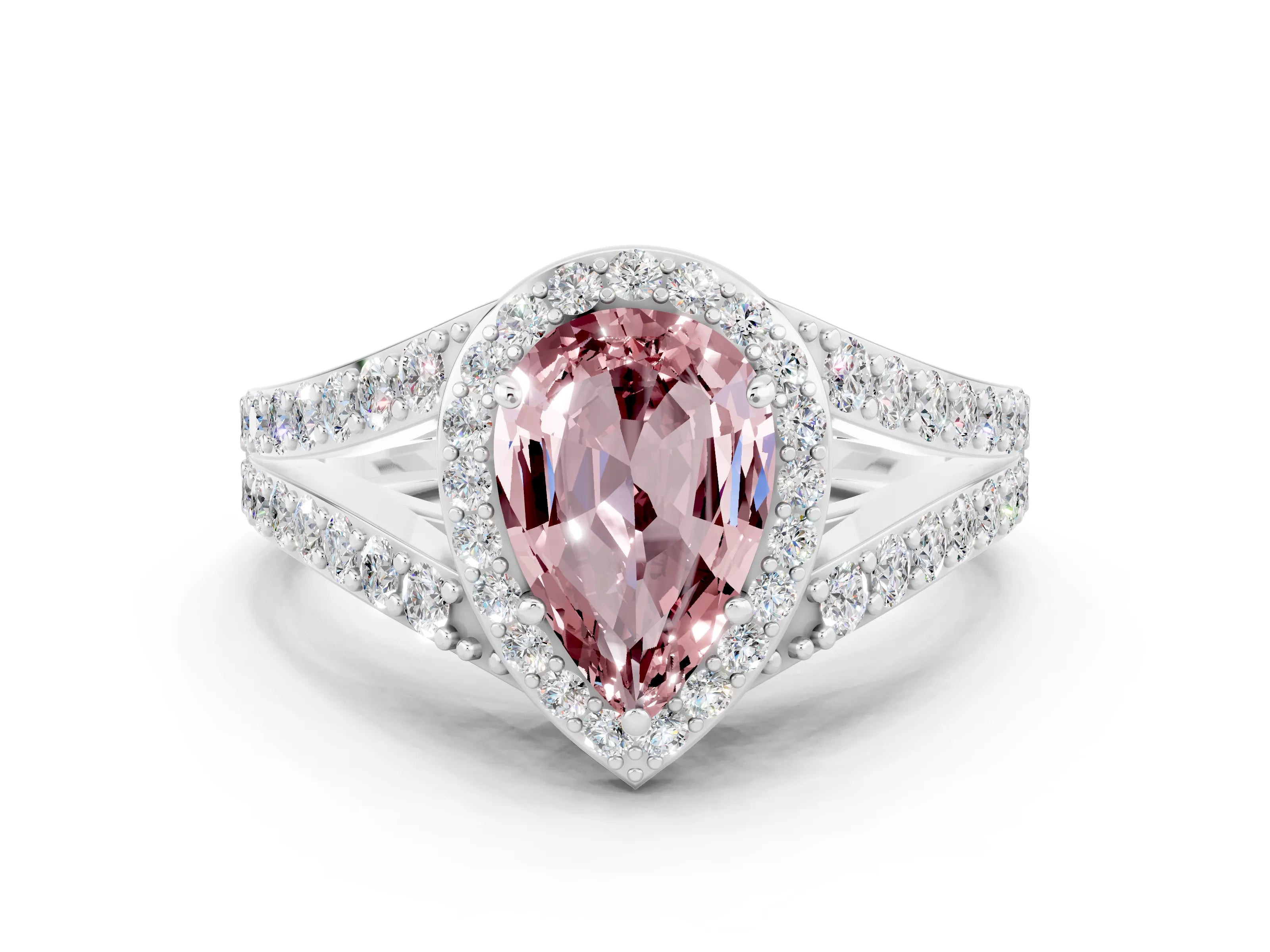 White gold Pear Cut Morganite Split Shank Halo Ring with Four-Prong Setting_24