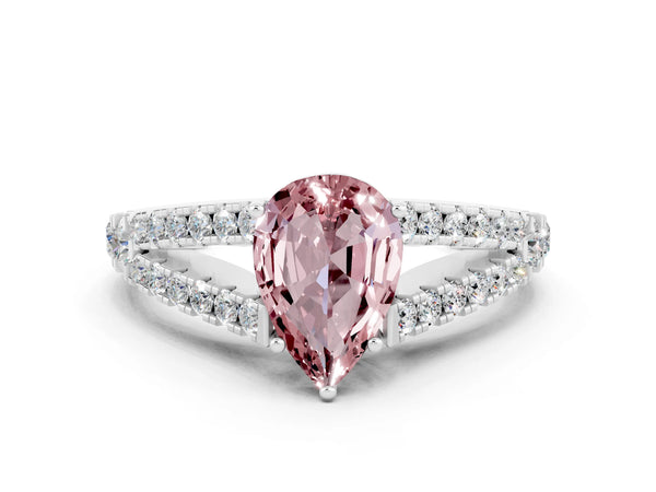 Silver Pear Cut Morganite Split Shank Pavé Engagement Ring with Four-Prong Setting