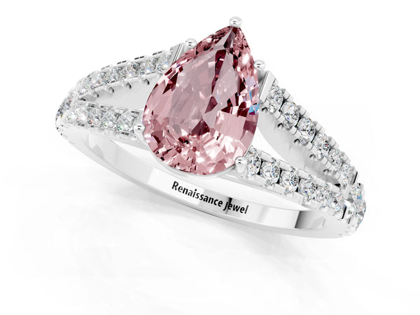Silver Pear Cut Morganite Split Shank Pavé Engagement Ring with Four-Prong Setting