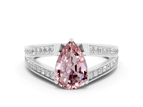 Platinum Pear Cut Morganite Split Shank Ring with Pavé Band and Four-Prong Setting