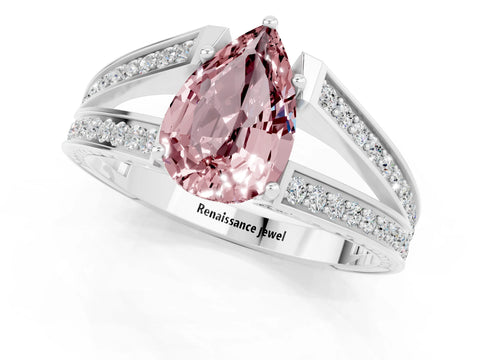 White gold Pear Cut Morganite Split Shank Ring with Pavé Band and Four-Prong Setting_1