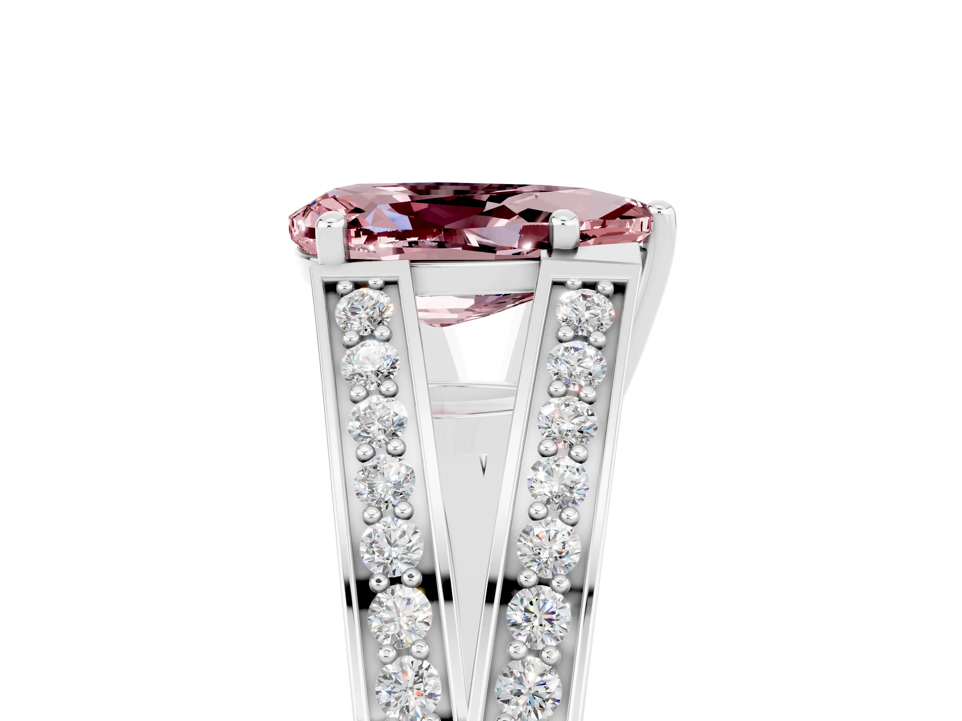 White gold Pear Cut Morganite Split Shank Ring with Pavé Band and Four-Prong Setting_5