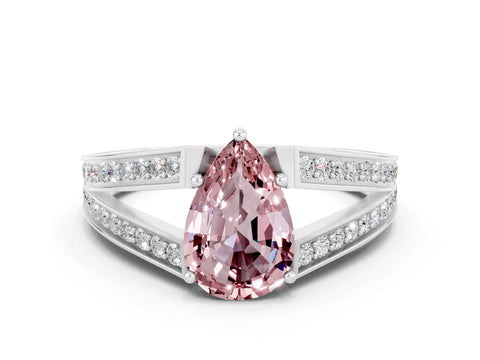 White gold Pear Cut Morganite Split Shank Ring with Pavé Band and Four-Prong Setting