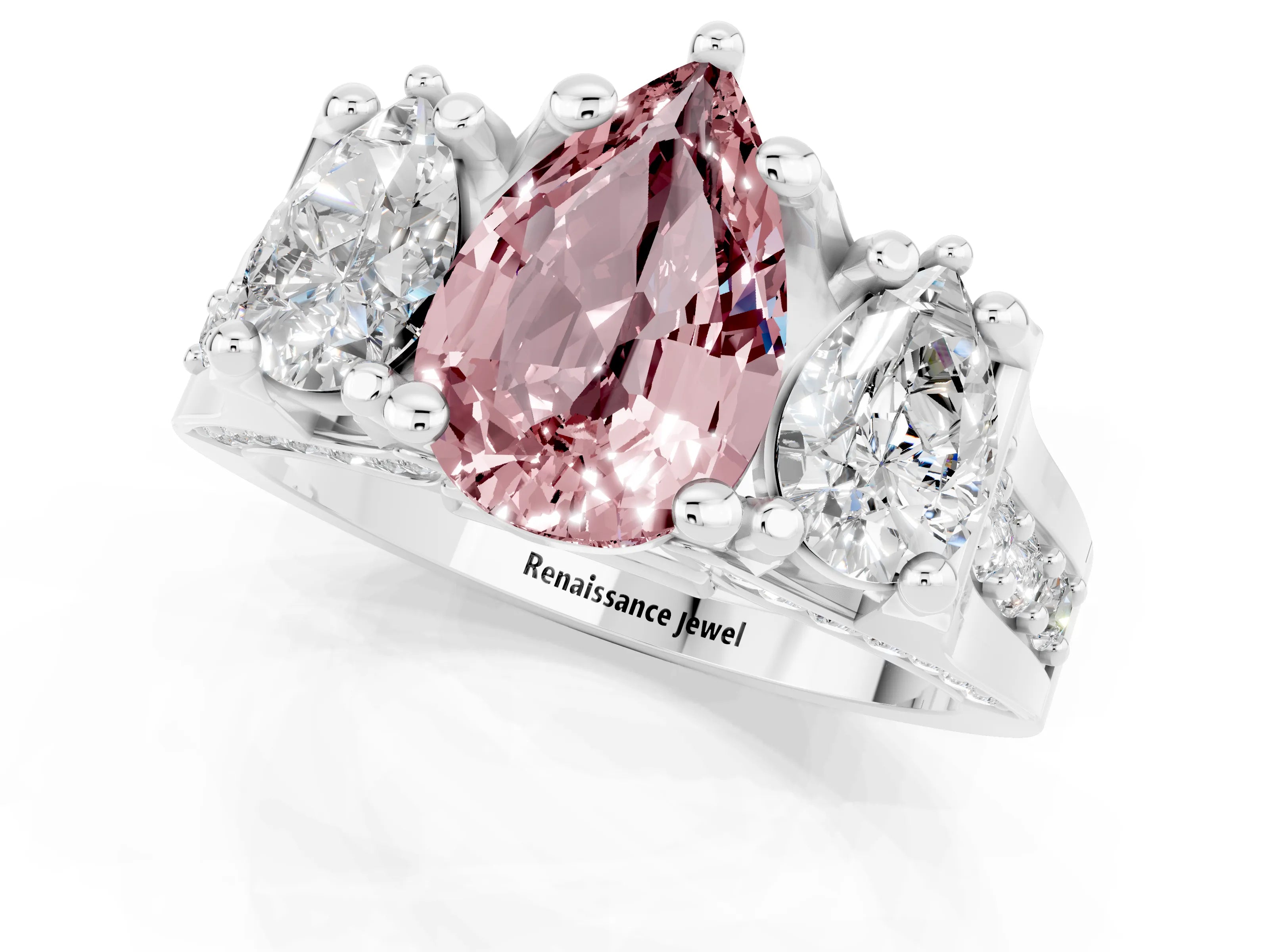 White gold Pear Cut Morganite Three-Stone Ring with Channel Set Band and Four-Prong Setting_1