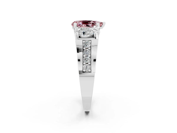 Platinum Pear Cut Morganite Three-Stone Ring with Channel Set Band and Four-Prong Setting