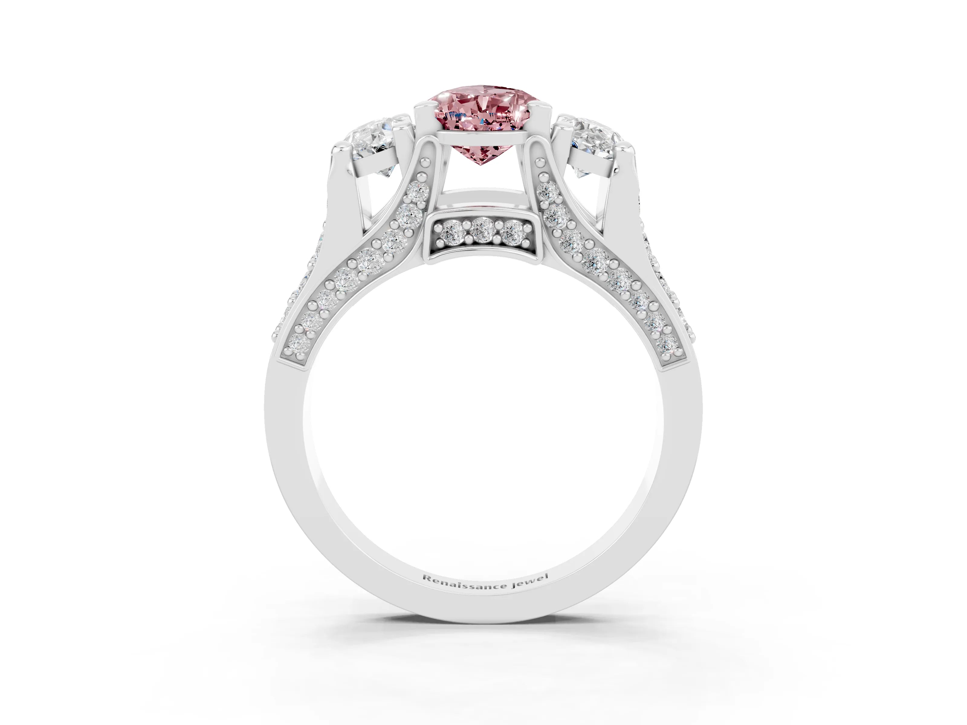White gold Pear Cut Morganite Three-Stone Ring with Channel Set Band and Four-Prong Setting_3