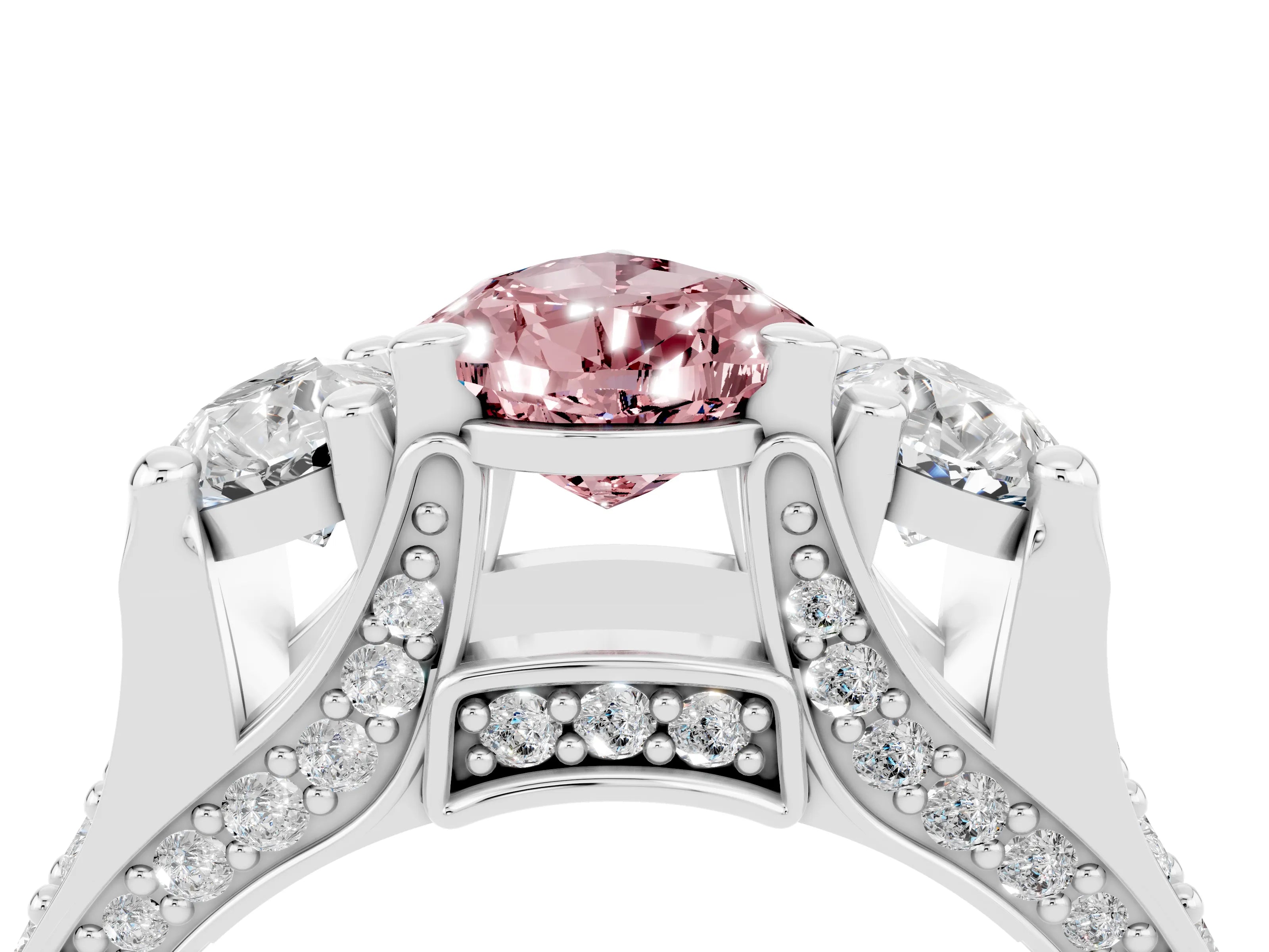 White gold Pear Cut Morganite Three-Stone Ring with Channel Set Band and Four-Prong Setting_4