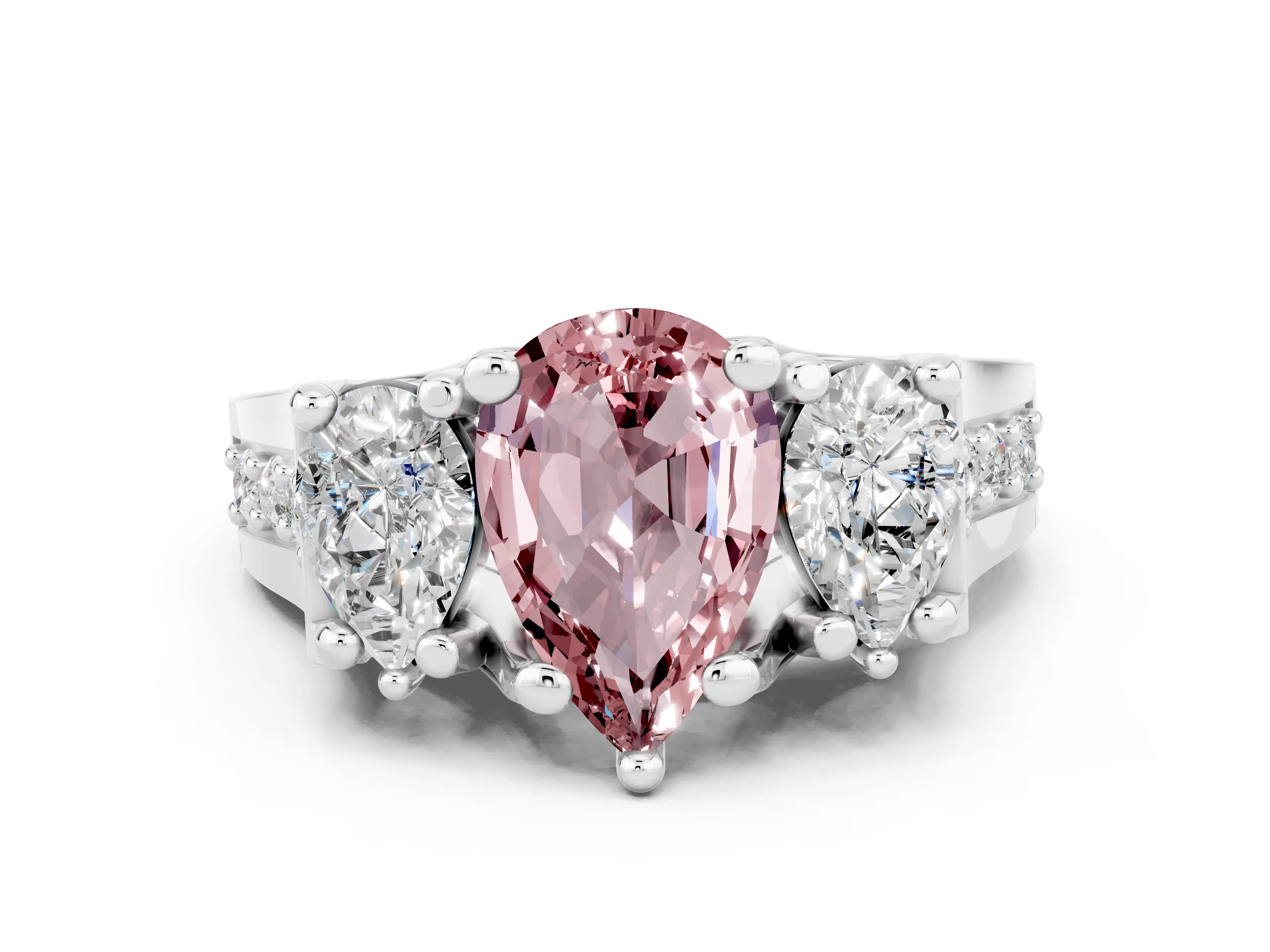 White gold Pear Cut Morganite Three-Stone Ring with Channel Set Band and Four-Prong Setting