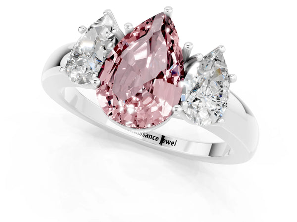 Platinum Pear Cut Morganite Three-Stone Ring with Four-Prong Setting and Classic Band