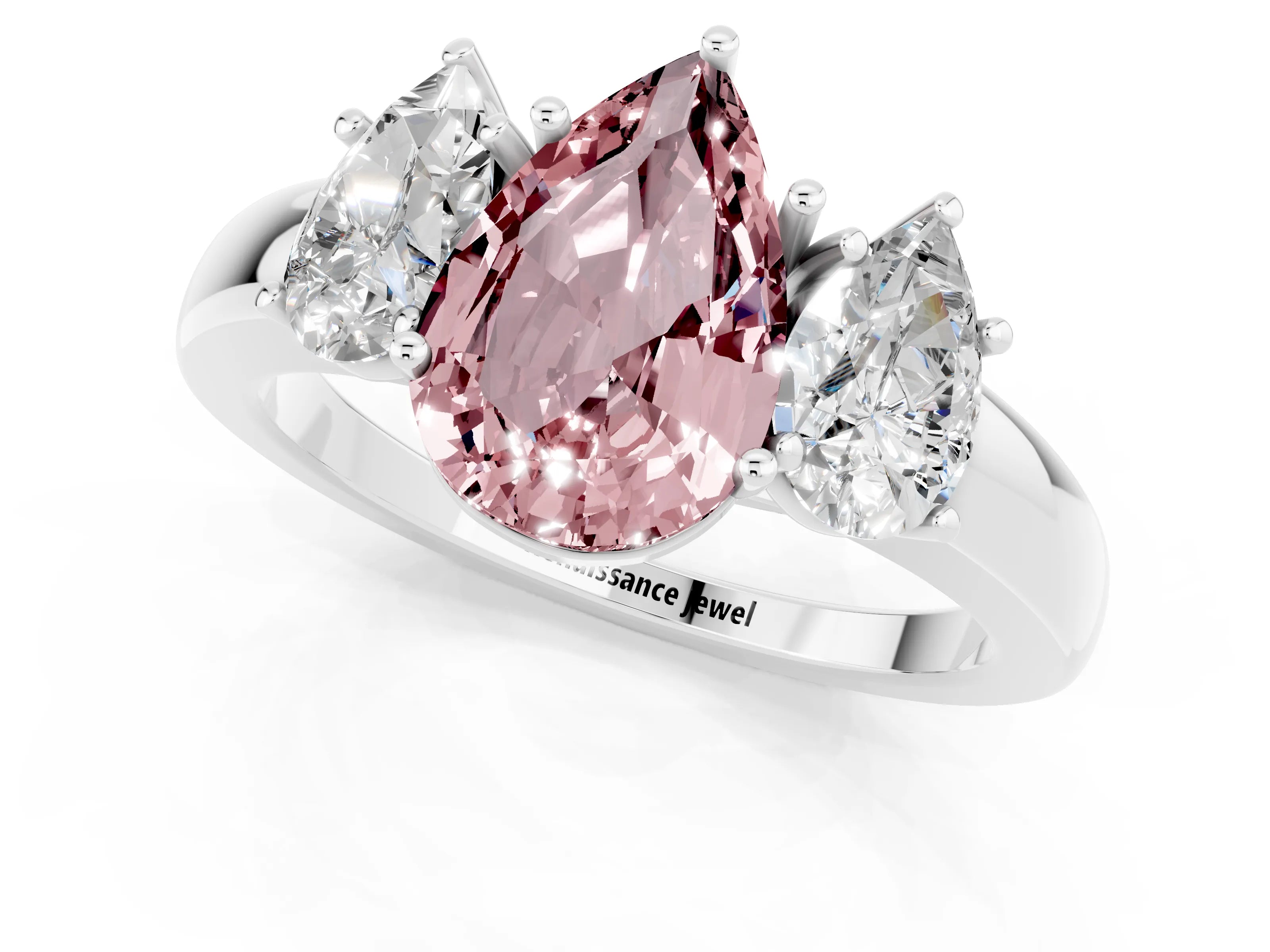White gold Pear Cut Morganite Three-Stone Ring with Four-Prong Setting and Classic Band_1