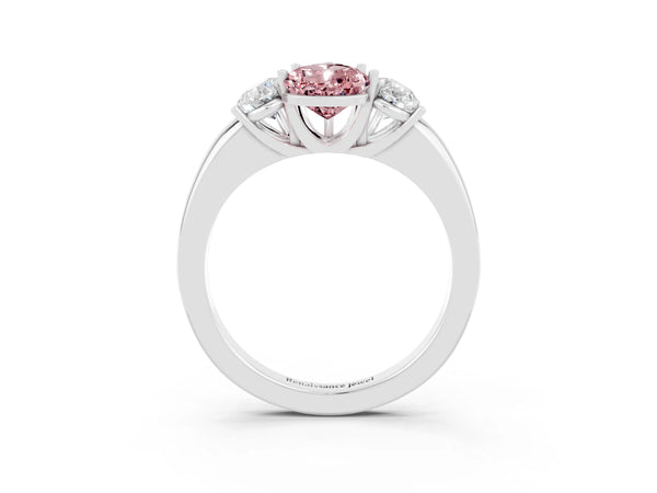 Platinum Pear Cut Morganite Three-Stone Ring with Four-Prong Setting and Classic Band