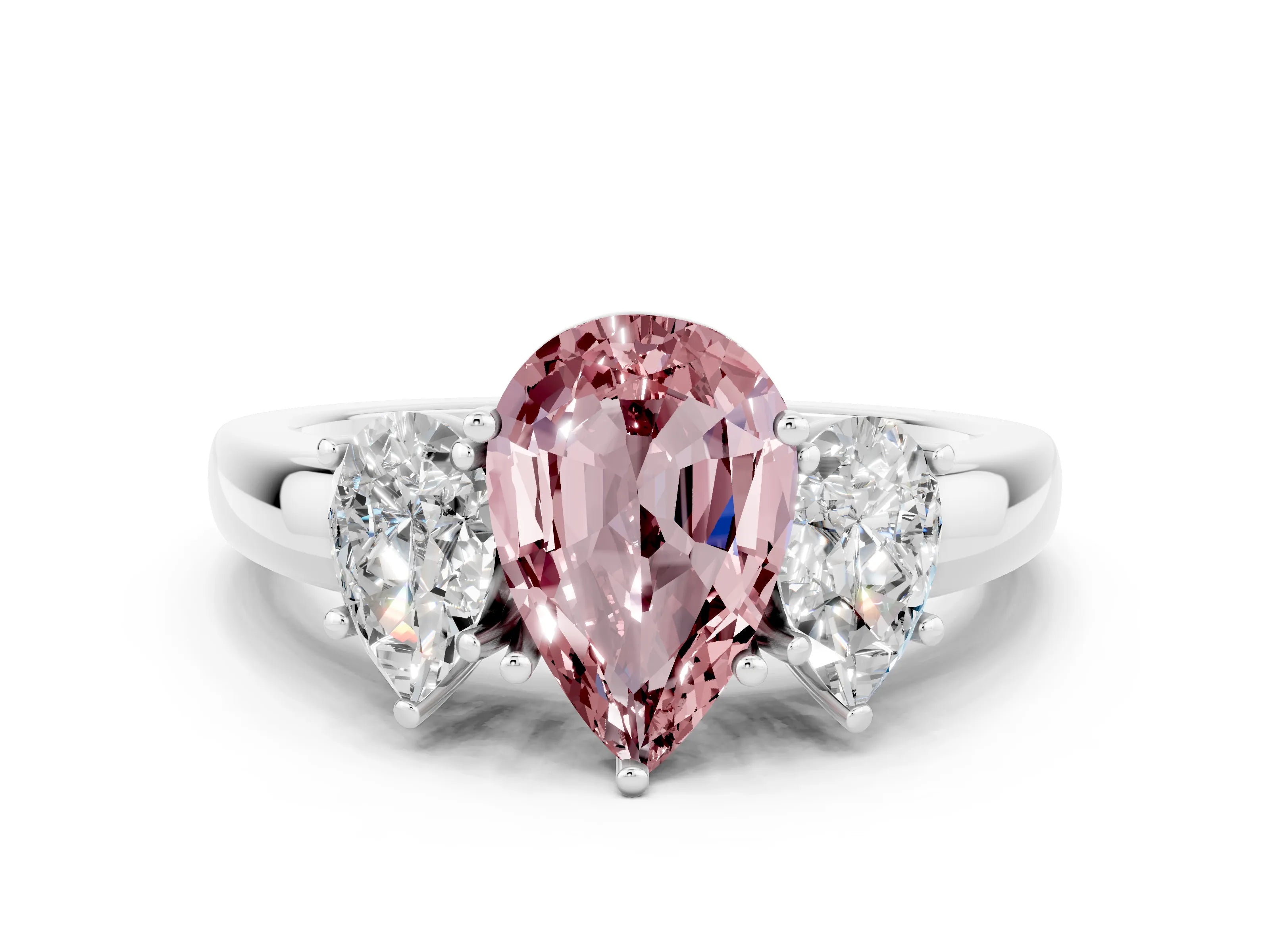 White gold Pear Cut Morganite Three-Stone Ring with Four-Prong Setting and Classic Band