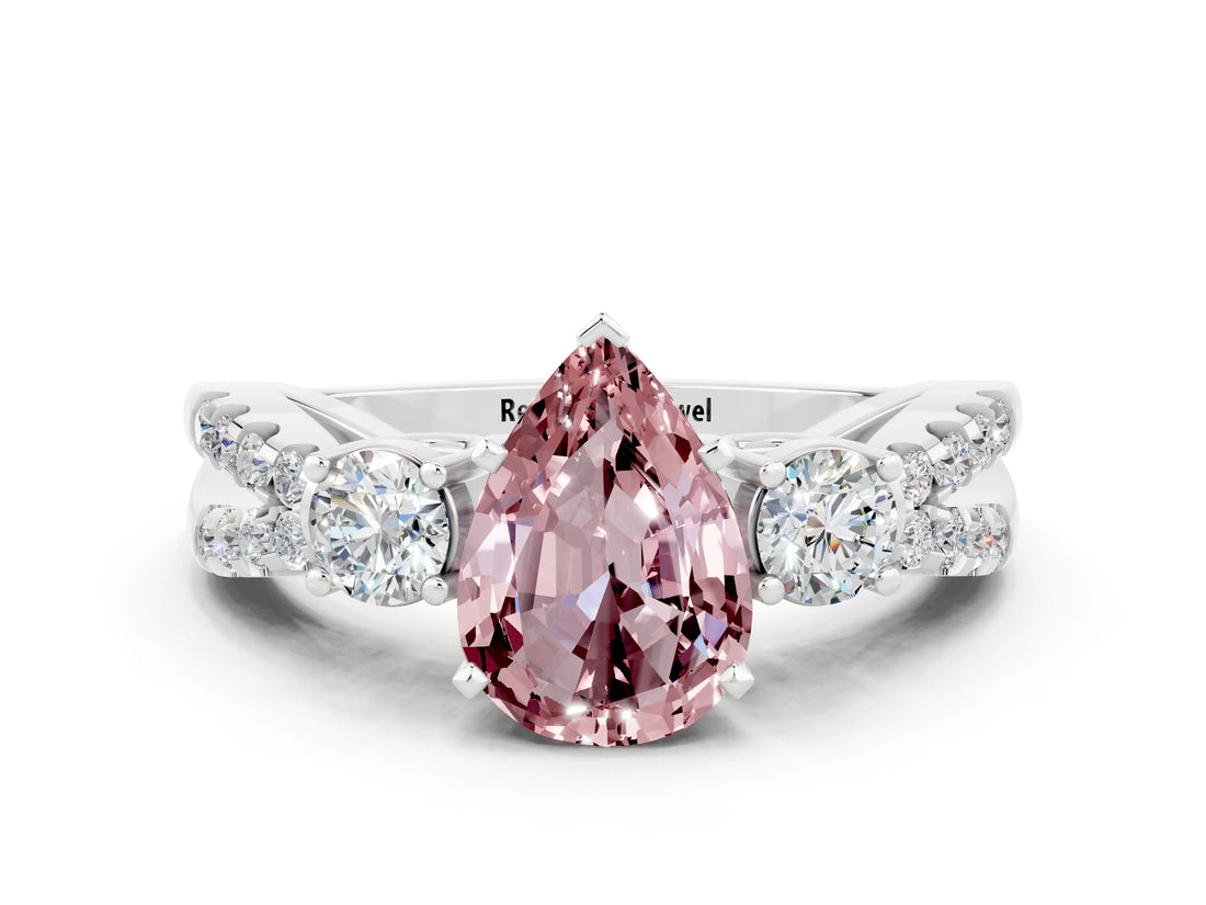White gold Pear Cut Morganite Three-Stone Ring with Pavé Split Shank and Four-Prong Setting_12