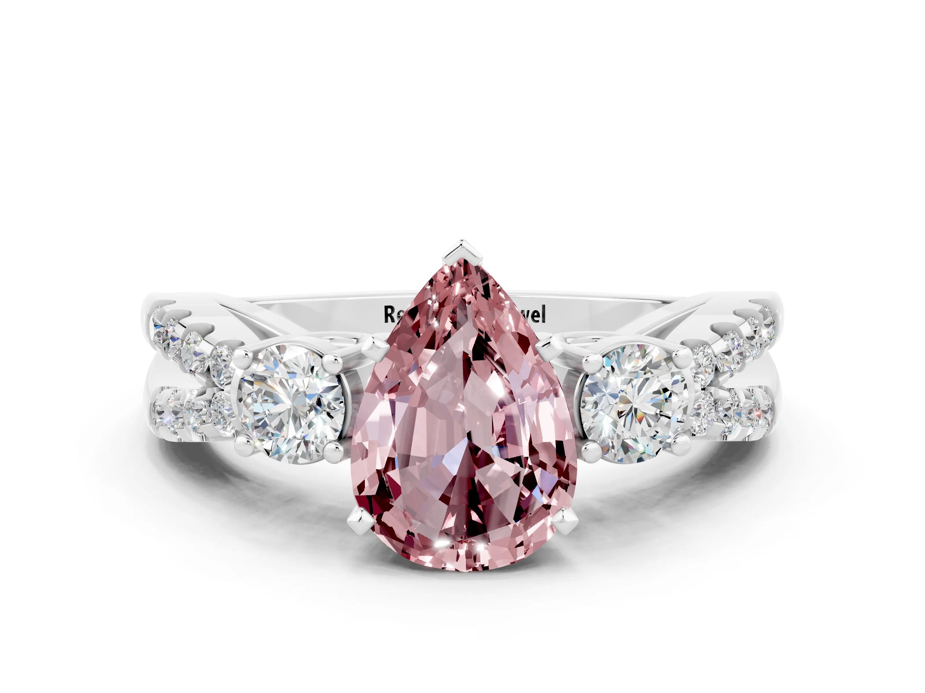 White gold Pear Cut Morganite Three-Stone Ring with Pavé Split Shank and Four-Prong Setting_12