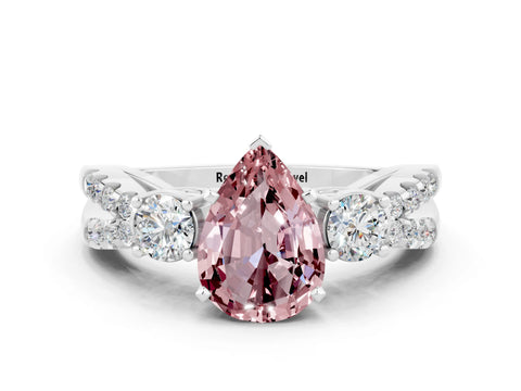 White gold Pear Cut Morganite Three-Stone Ring with Pavé Split Shank and Four-Prong Setting_12