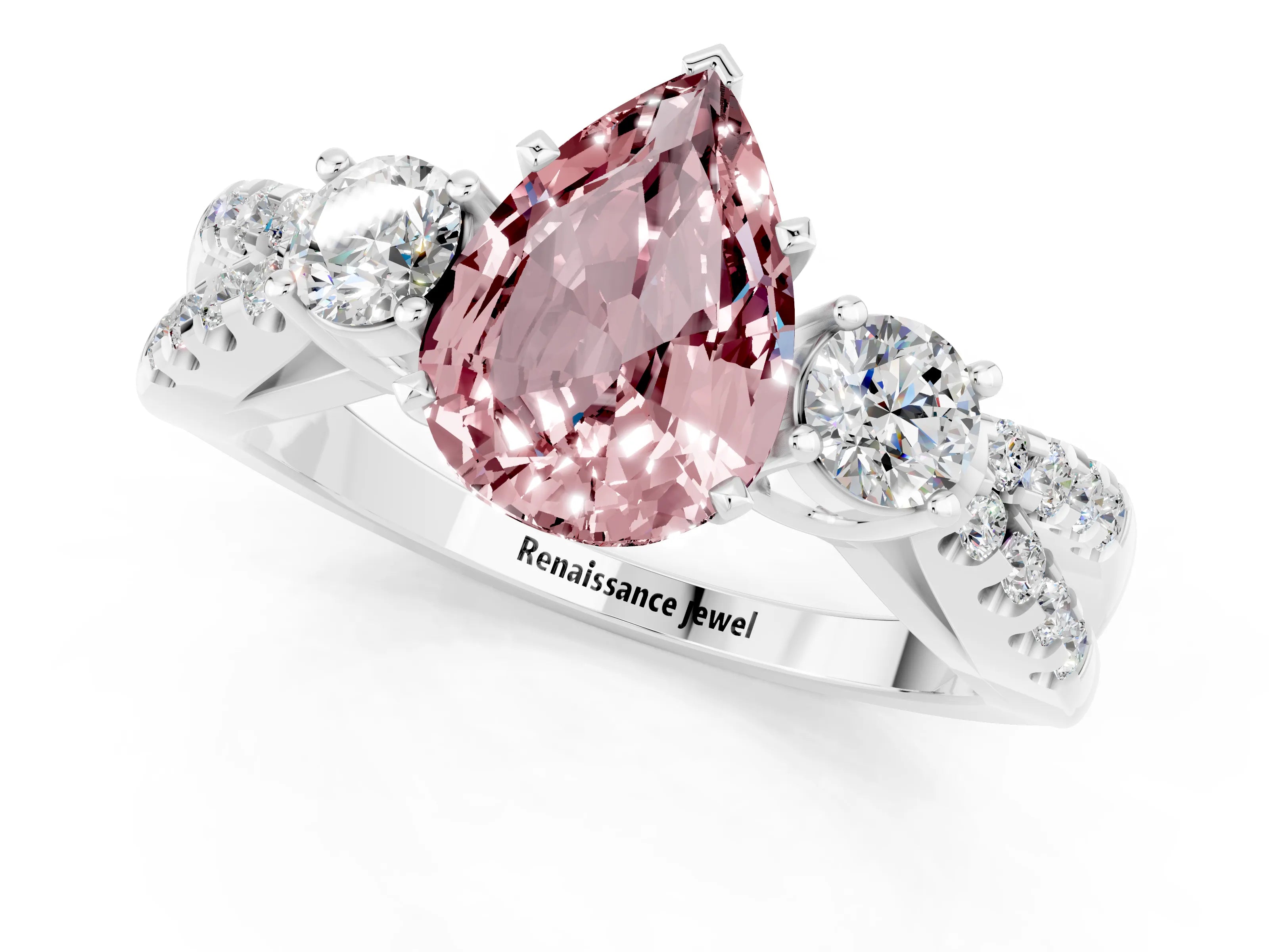 White gold Pear Cut Morganite Three-Stone Ring with Pavé Split Shank and Four-Prong Setting_13