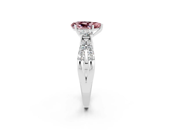 Platinum Pear Cut Morganite Three-Stone Ring with Pavé Split Shank and Four-Prong Setting