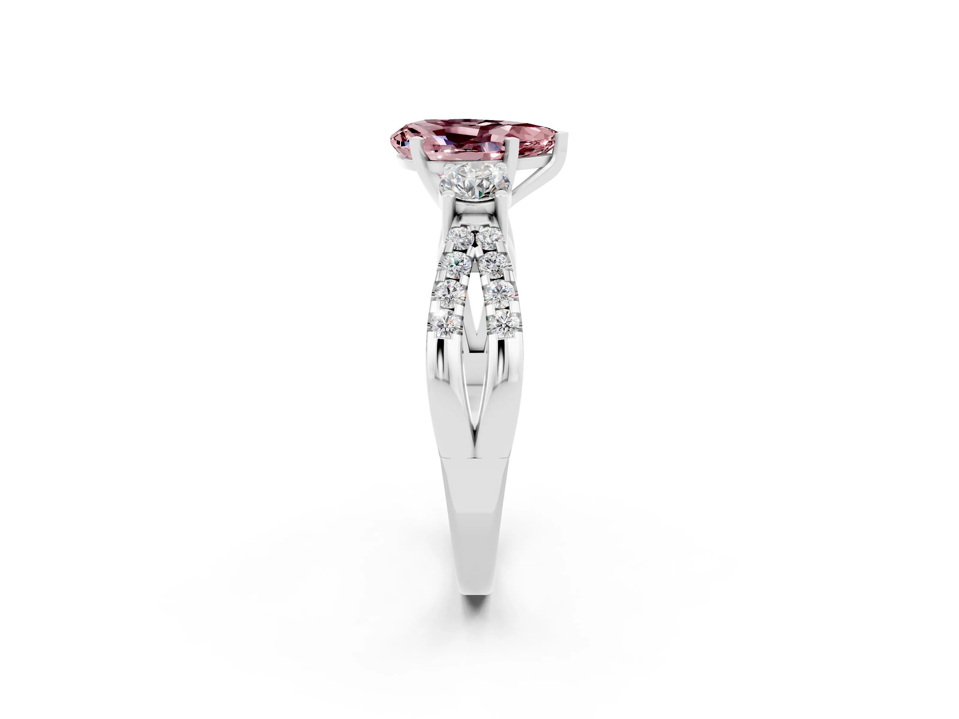 White gold Pear Cut Morganite Three-Stone Ring with Pavé Split Shank and Four-Prong Setting_14