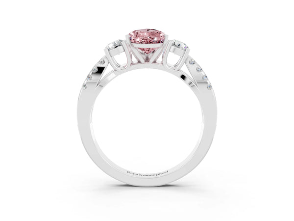 Platinum Pear Cut Morganite Three-Stone Ring with Pavé Split Shank and Four-Prong Setting