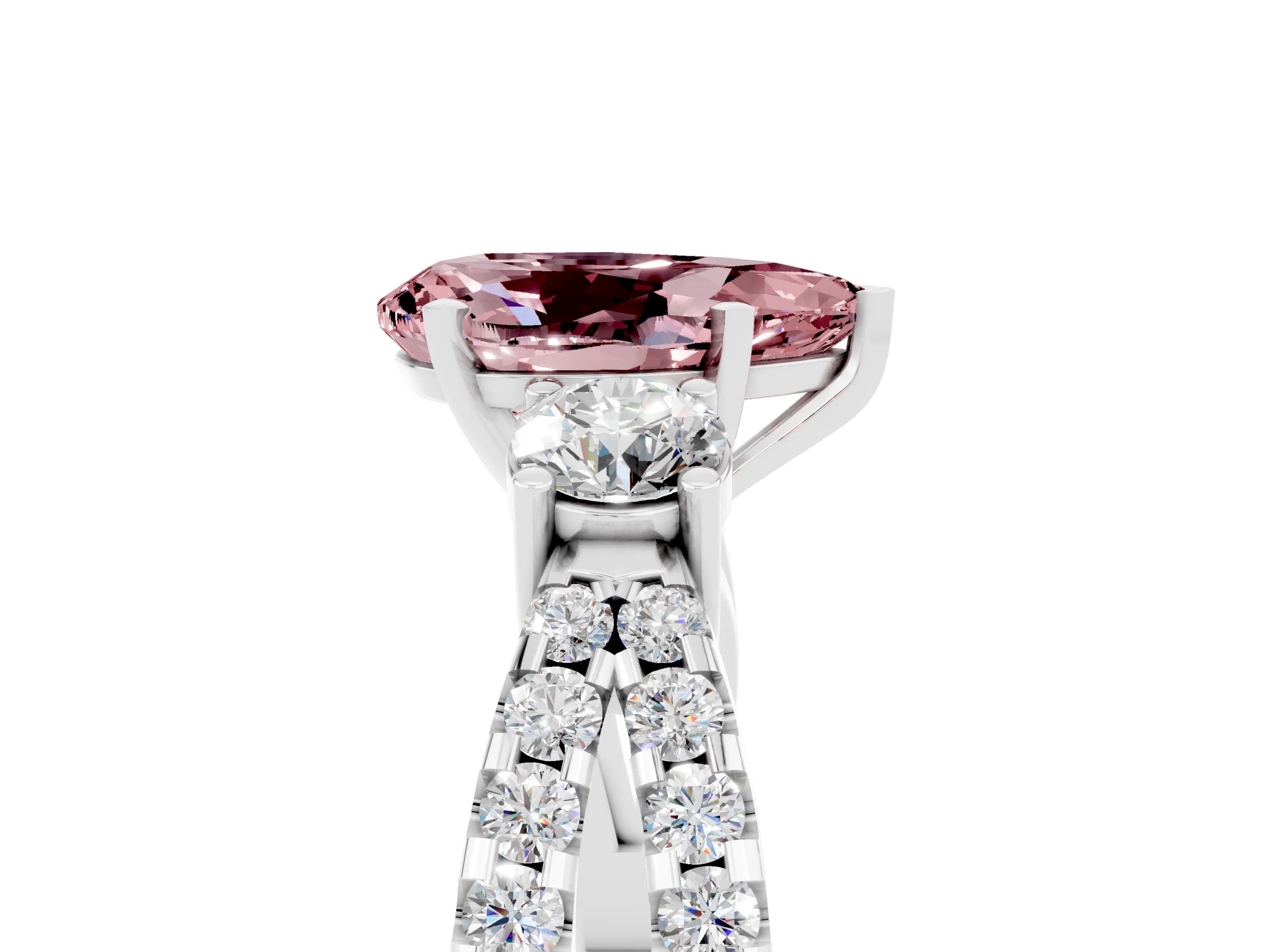 White gold Pear Cut Morganite Three-Stone Ring with Pavé Split Shank and Four-Prong Setting_17