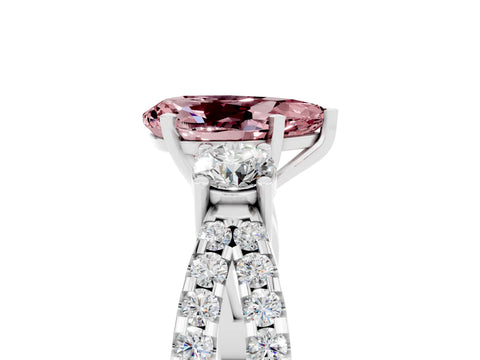 White gold Pear Cut Morganite Three-Stone Ring with Pavé Split Shank and Four-Prong Setting_17