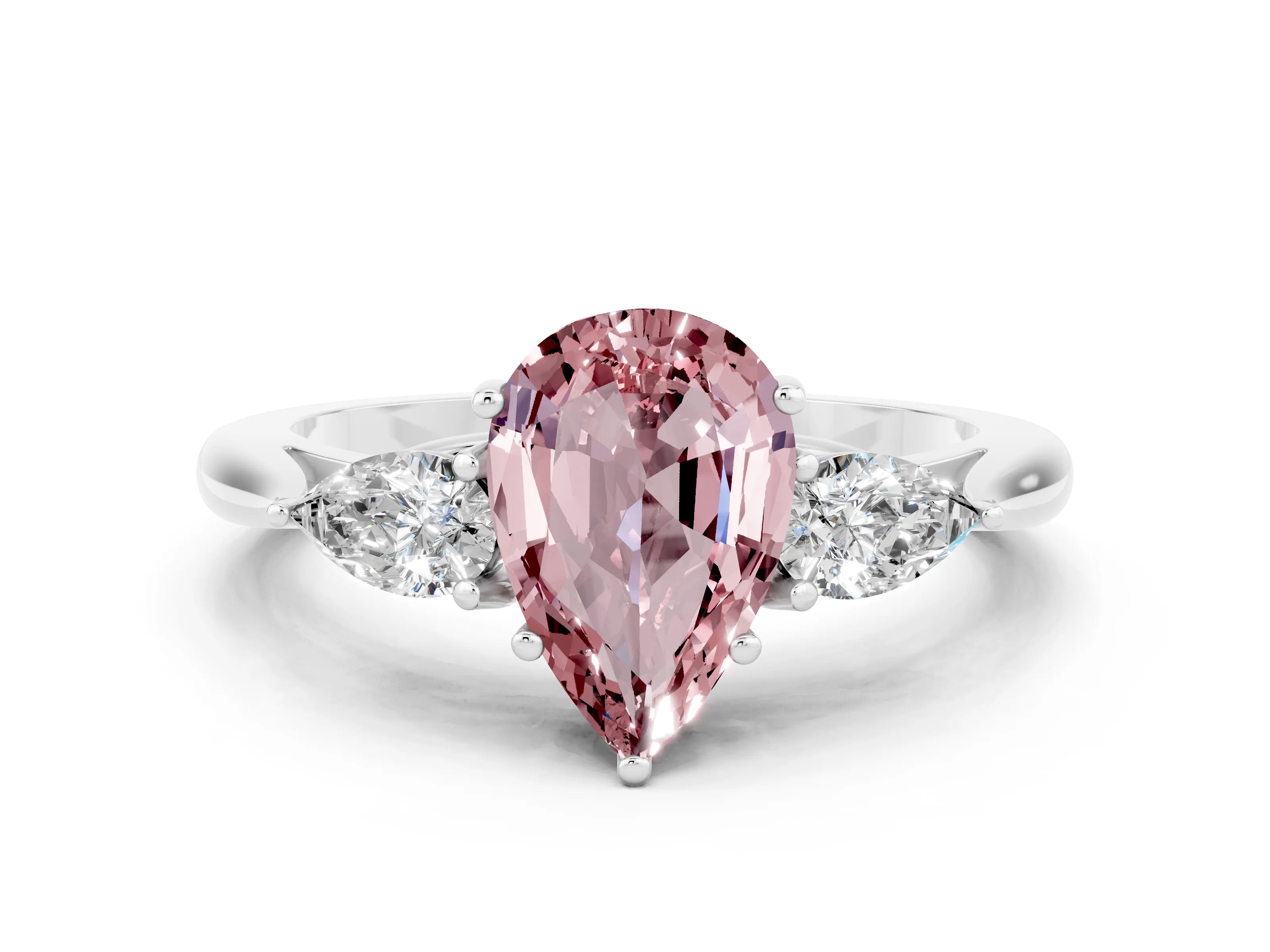 White gold Pear Cut Morganite Three-Stone Ring with Pear Side Stones and Four-Prong Setting_30