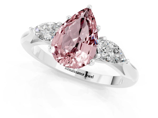 Silver Pear Cut Morganite Three-Stone Ring with Pear  Side Stones and Prong Setting