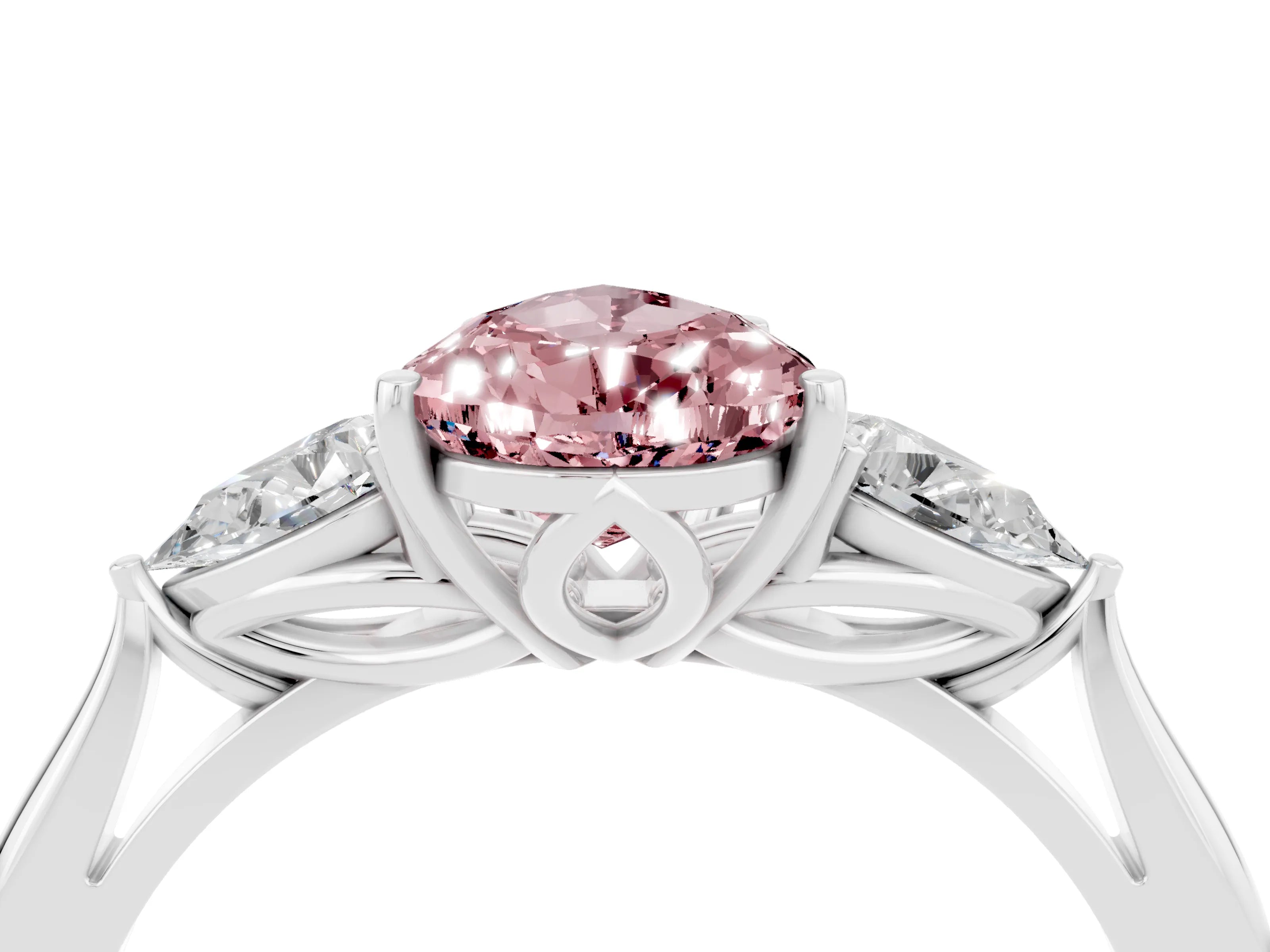 White gold Pear Cut Morganite Three-Stone Ring with Pear Side Stones and Four-Prong Setting_34