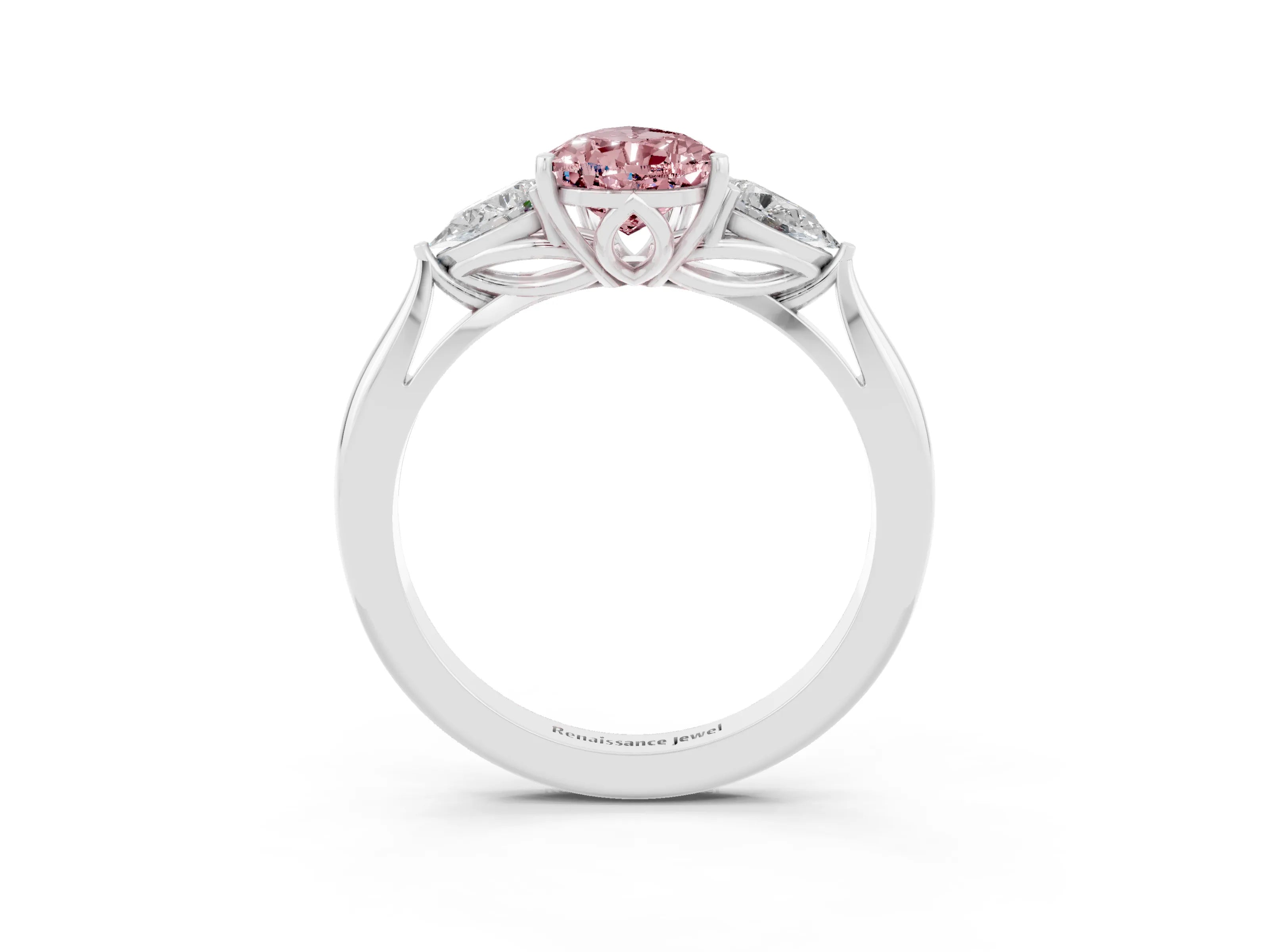 White gold Pear Cut Morganite Three-Stone Ring with Pear Side Stones and Four-Prong Setting_36