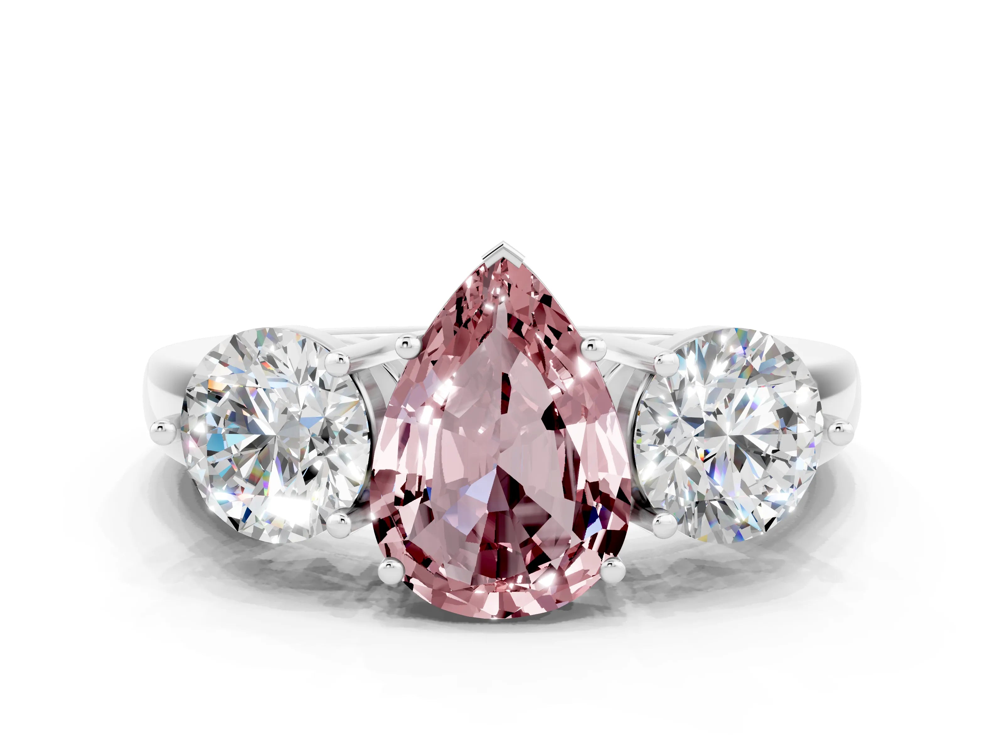 White gold Pear Cut Morganite Three-Stone Ring with Prong Setting and Classic Band