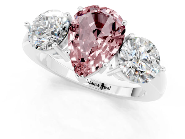 Platinum Pear Cut Morganite Three-Stone Ring with Prong Setting and Classic Band
