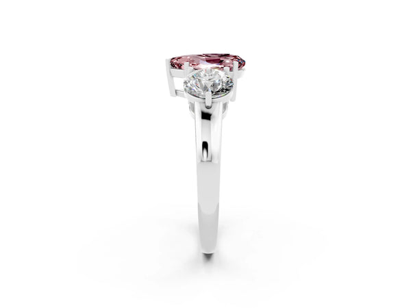 Platinum Pear Cut Morganite Three-Stone Ring with Prong Setting and Classic Band