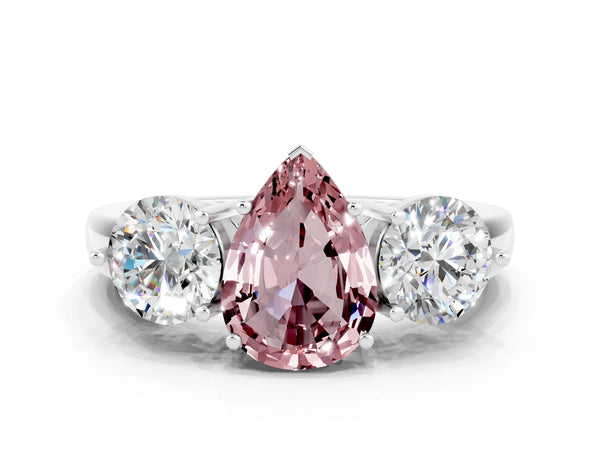 Silver Pear Cut Morganite Three-Stone Ring with Prong Setting and Classic Band