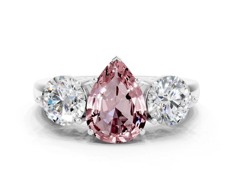 White gold Pear Cut Morganite Three-Stone Ring with Prong Setting and Classic Band