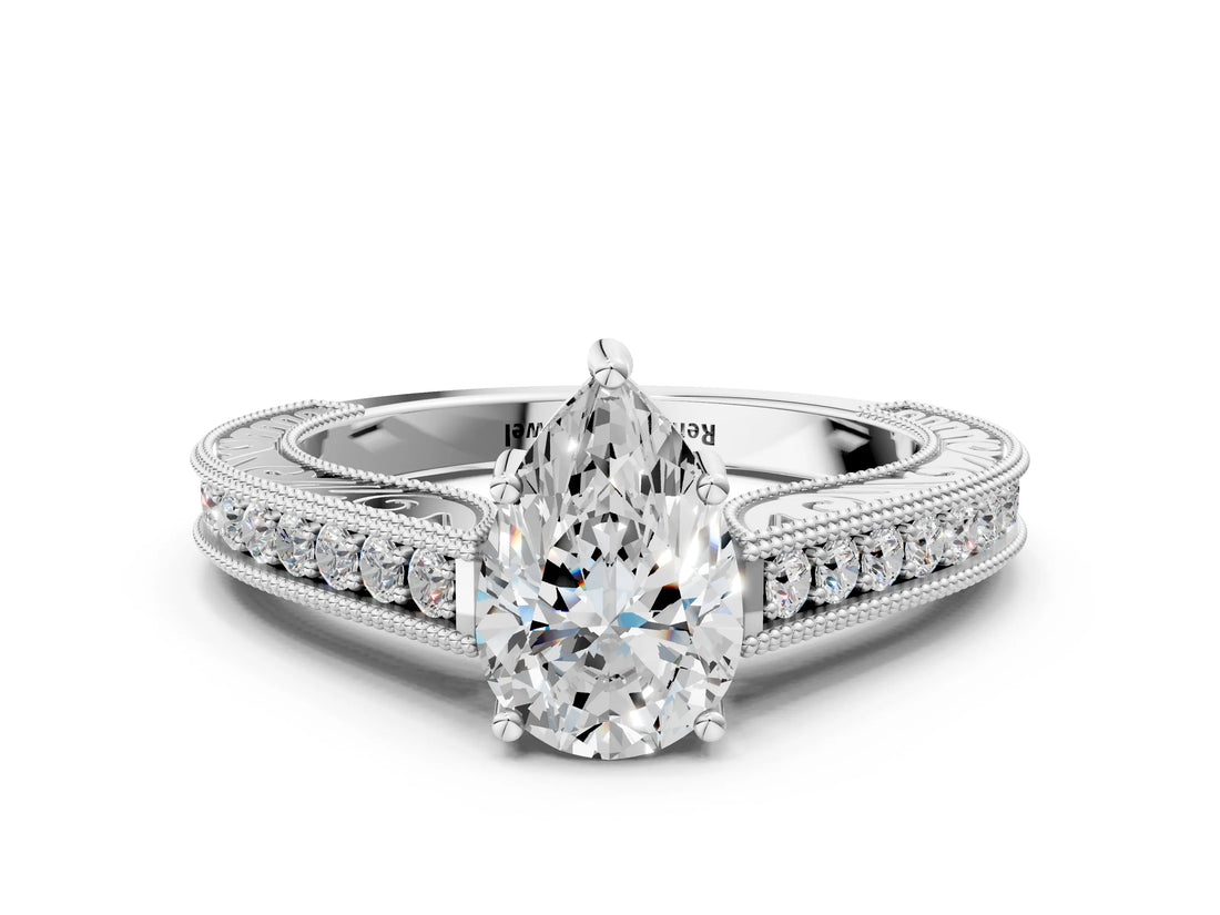 White gold Pear Cut Pave Band Milgrain Solitaire Ring_6