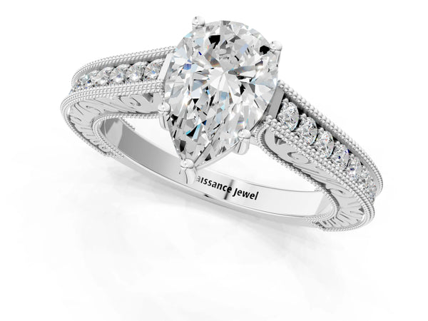 Sterling Silver Pear-Shaped Vintage Solitaire Engagement Ring Setting with Milgrain Pave Band