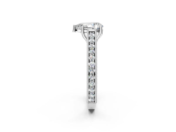 Platinum Pear-Shaped Vintage Solitaire Engagement Ring Setting with Engraved Milgrain Pave Band