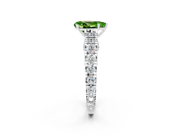 Platinum Pear Cut Peridot Classic Solitaire Ring with Pavé Band and Four-Prong Setting
