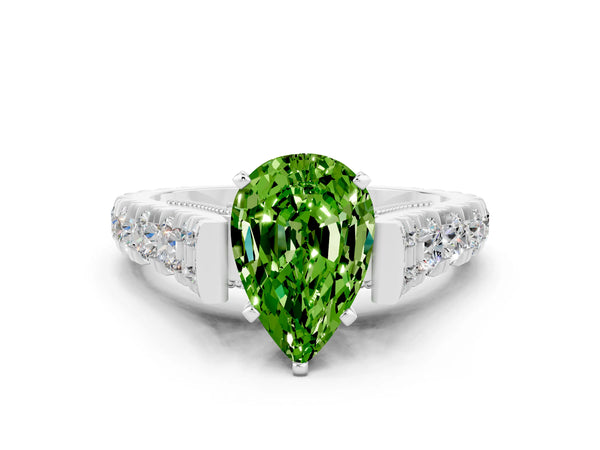 Silver Pear Cut Peridot Classic Solitaire Ring with Pavé Band and Four-Prong Setting