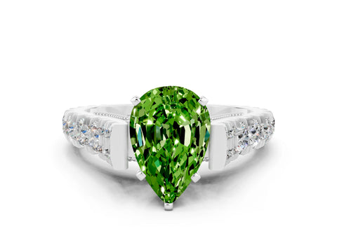 White gold Pear Cut Peridot Classic Solitaire Ring with Pavé Band and Four-Prong Setting