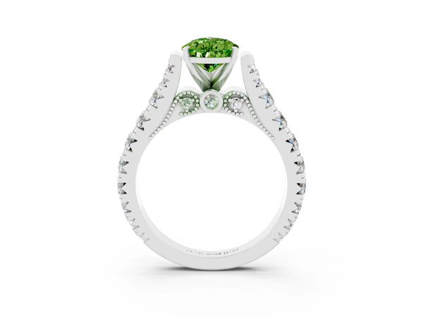 White gold Pear Cut Peridot Classic Solitaire Ring with Pavé Band and Four-Prong Setting