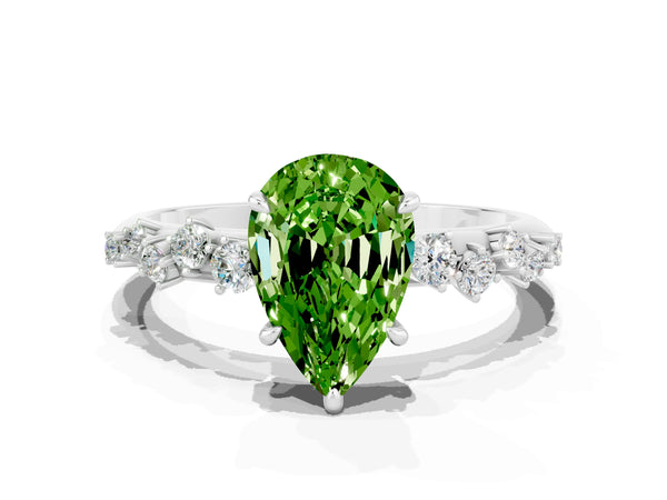 Platinum Pear Cut Peridot Cluster Side Stone Solitaire Ring with Prong Setting