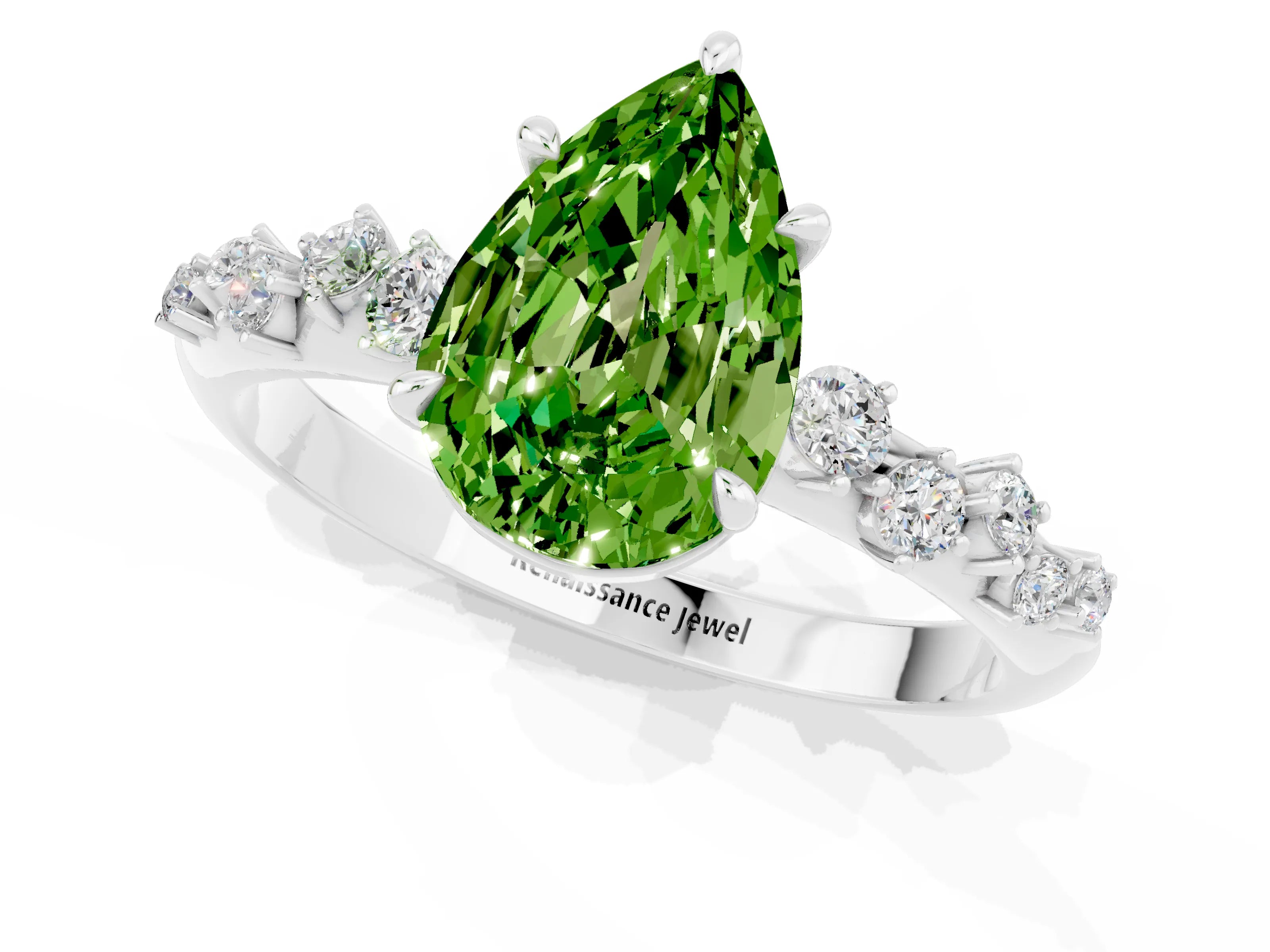 White gold Pear Cut Peridot Cluster Side Stone Solitaire Ring with Prong Setting_25