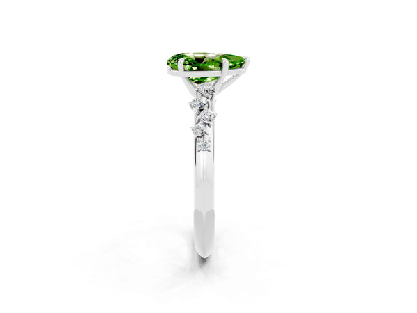 Platinum Pear Cut Peridot Cluster Side Stone Solitaire Ring with Prong Setting