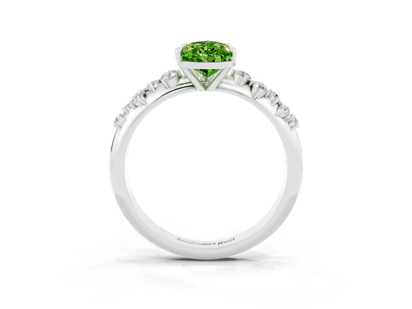 Platinum Pear Cut Peridot Cluster Side Stone Solitaire Ring with Prong Setting