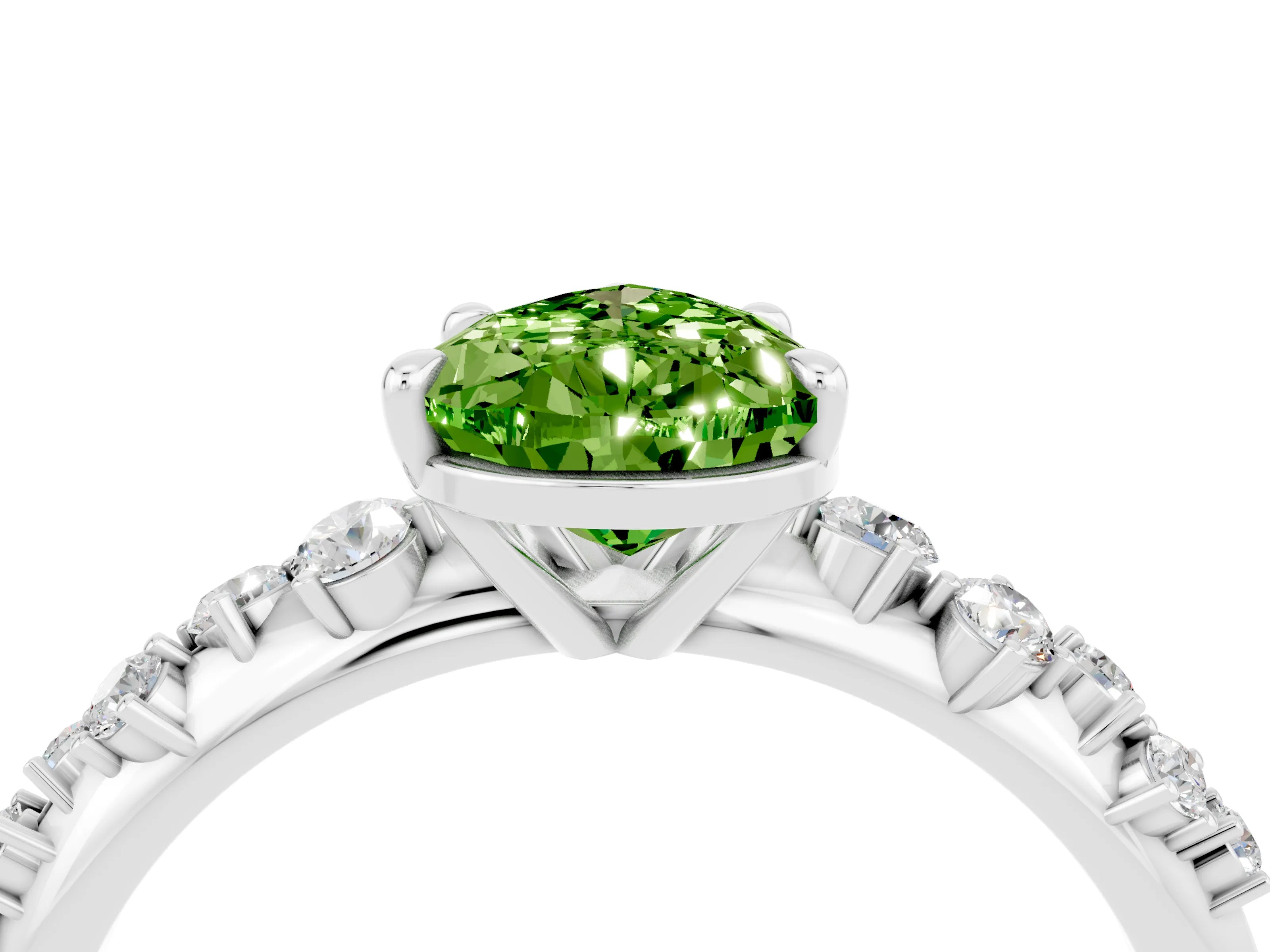 White gold Pear Cut Peridot Cluster Side Stone Solitaire Ring with Prong Setting_28