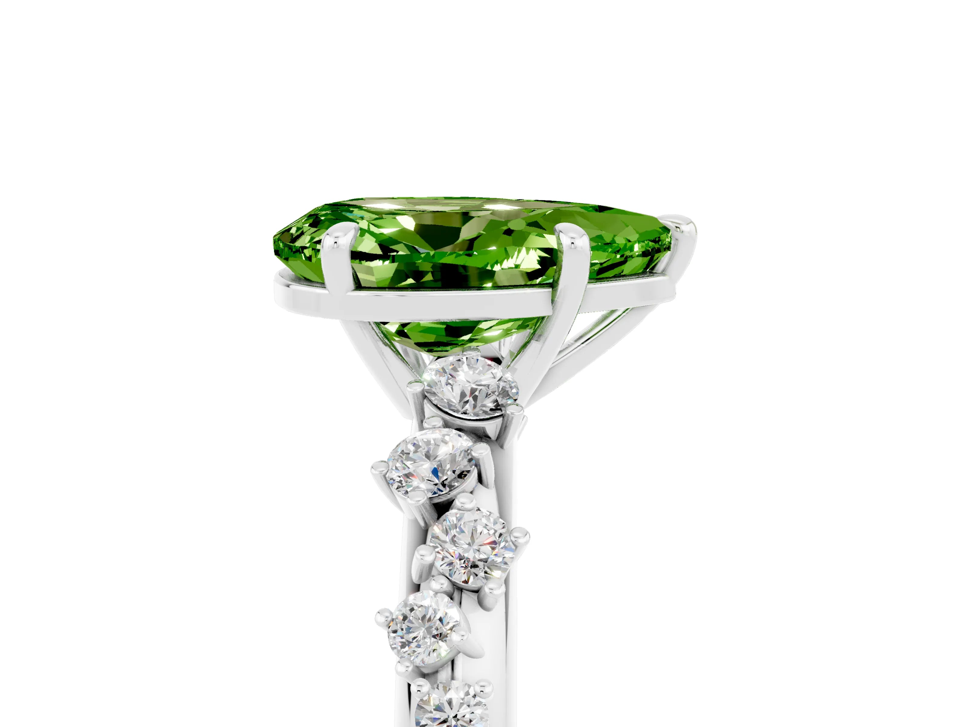 White gold Pear Cut Peridot Cluster Side Stone Solitaire Ring with Prong Setting_29