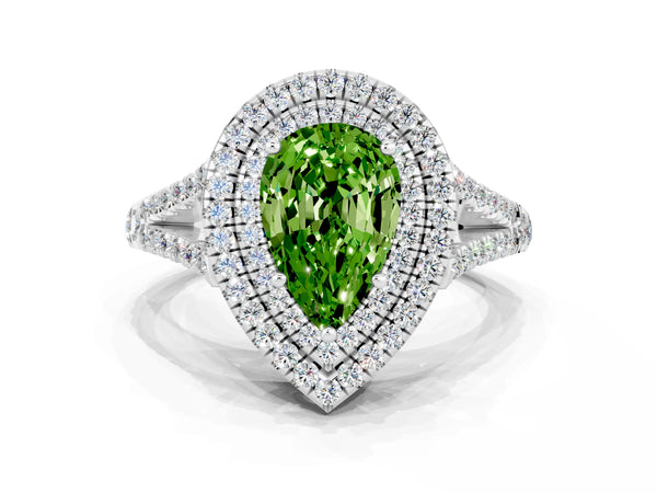 Silver Pear Cut Peridot Double Halo Ring with Pavé Band and Prong Setting