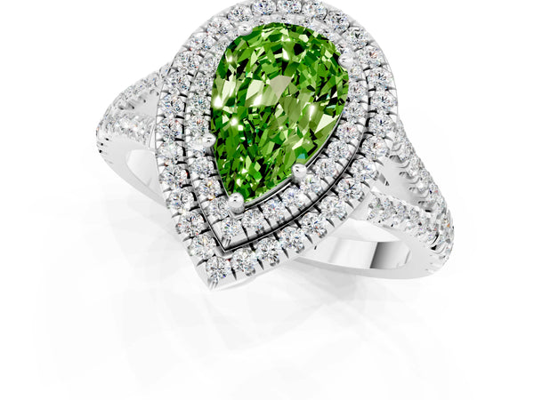 Platinum Pear Cut Peridot Double Halo Ring with Pavé Band and Prong Setting