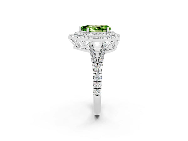 Platinum Pear Cut Peridot Double Halo Ring with Pavé Band and Prong Setting